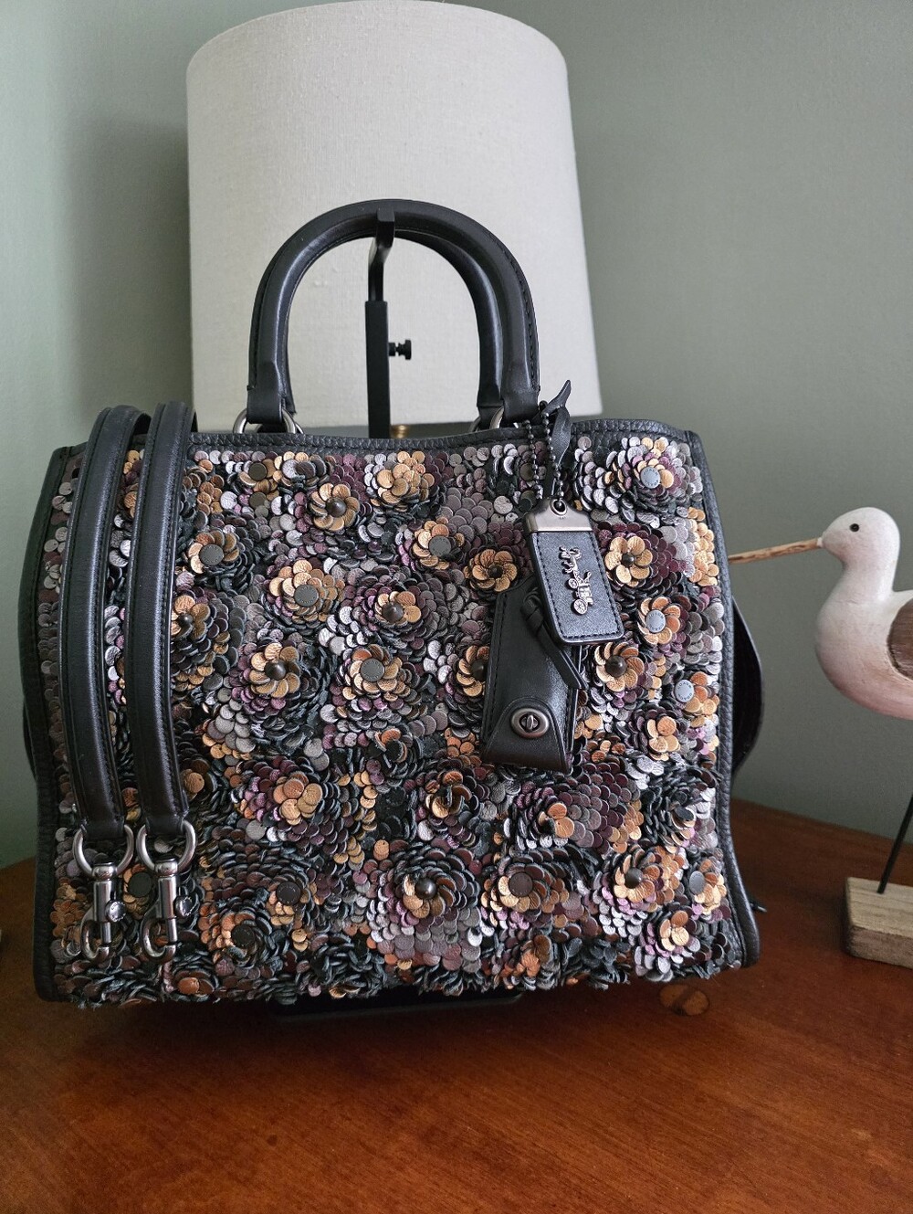 Coach Rogue 30 35613 Leather Sequin Satchel Black Oxblood Bag